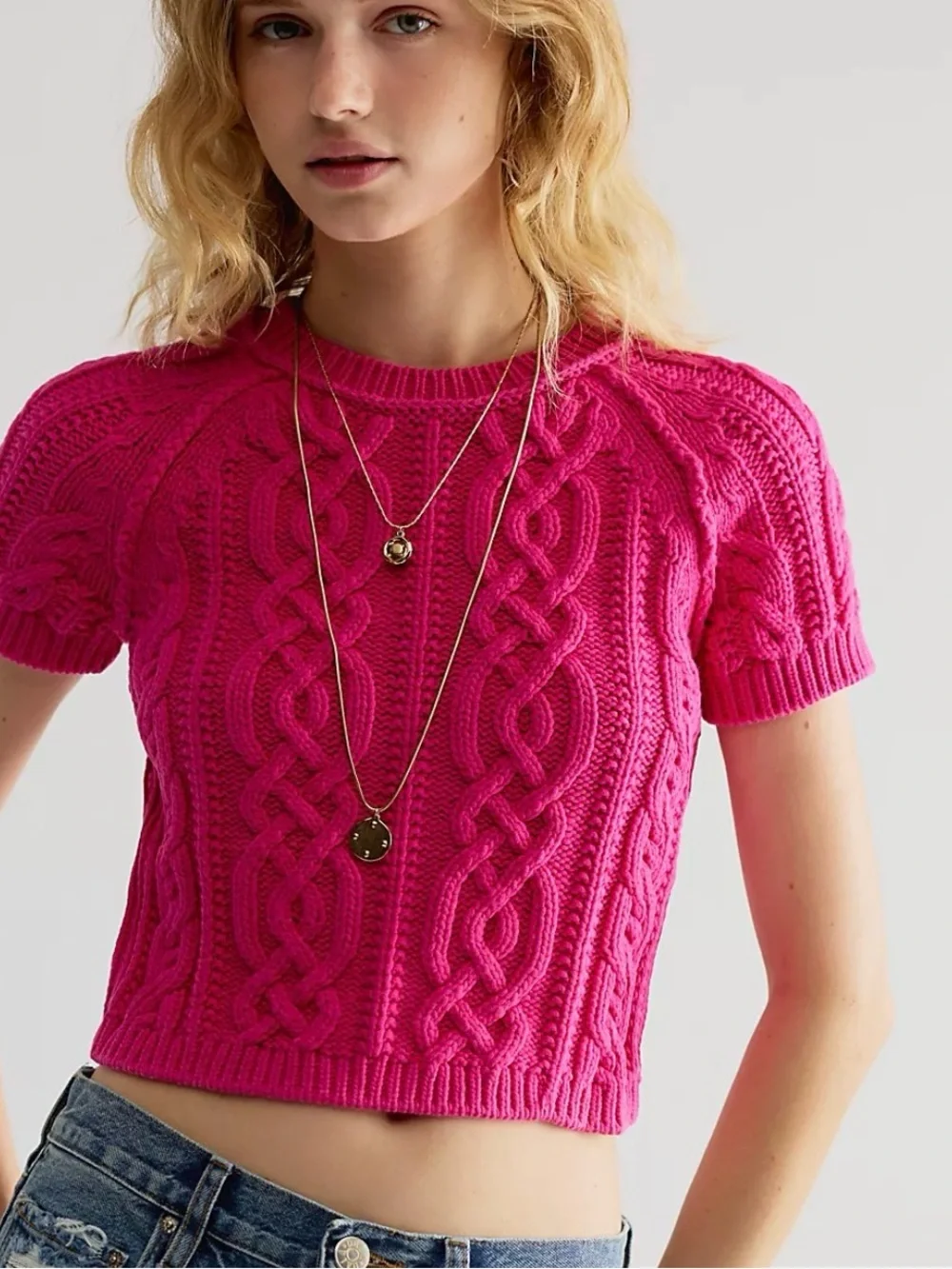 Free People Bubblegum Cable Knit Pullover. NWT. Hot pink